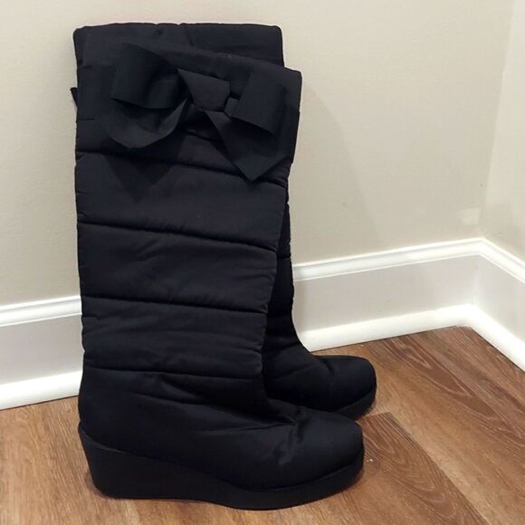 Kate Spade Tall Black Wedge Bow Winter Boots Sz 10 - Picture 3 of 11